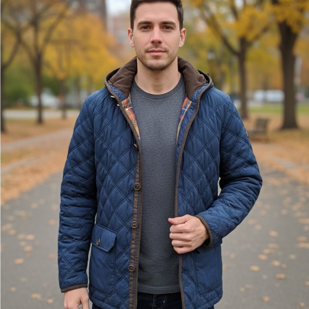Tommy Hilfiger Navy Diamond Quilted Jacket Attached Hood Size L